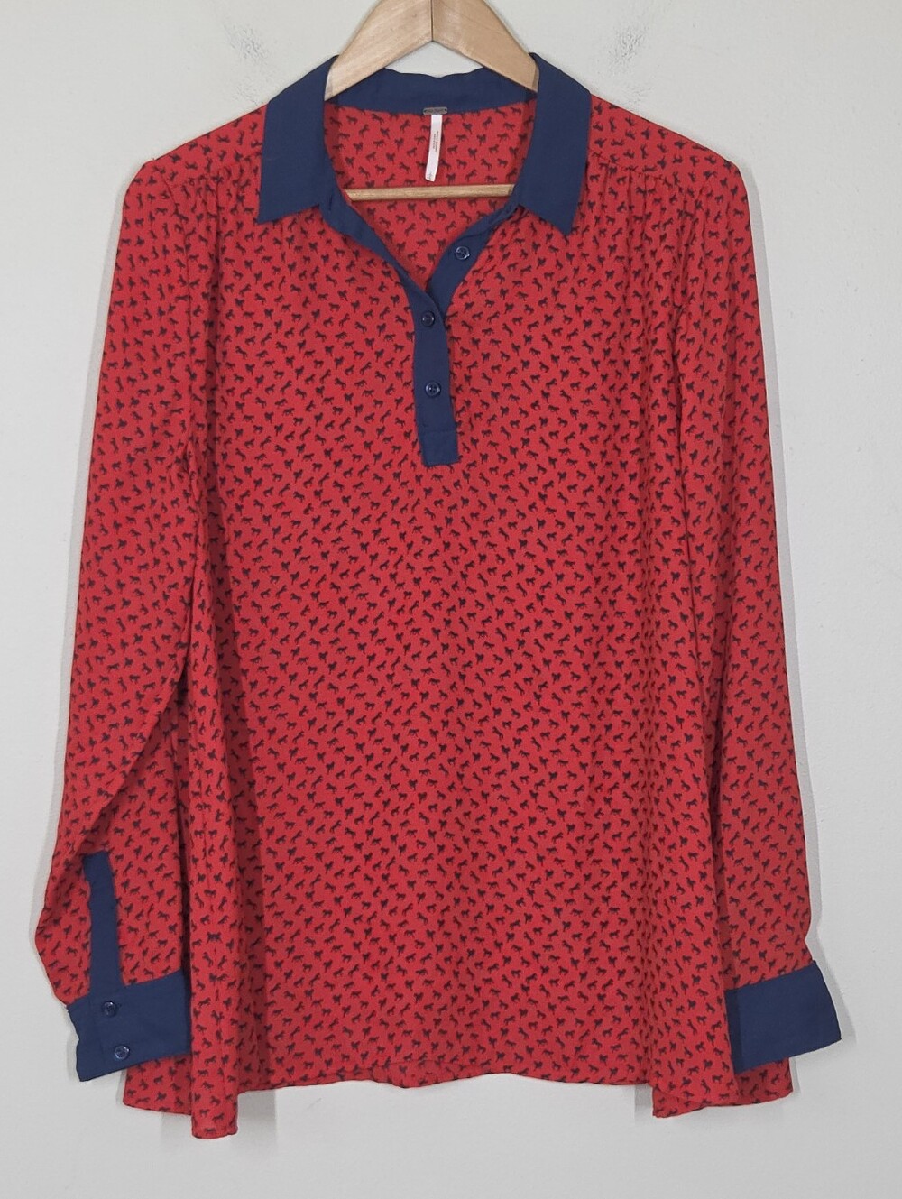 Free People Red Navy Horse Print Equestrian Quarter Button Top Boho Western L